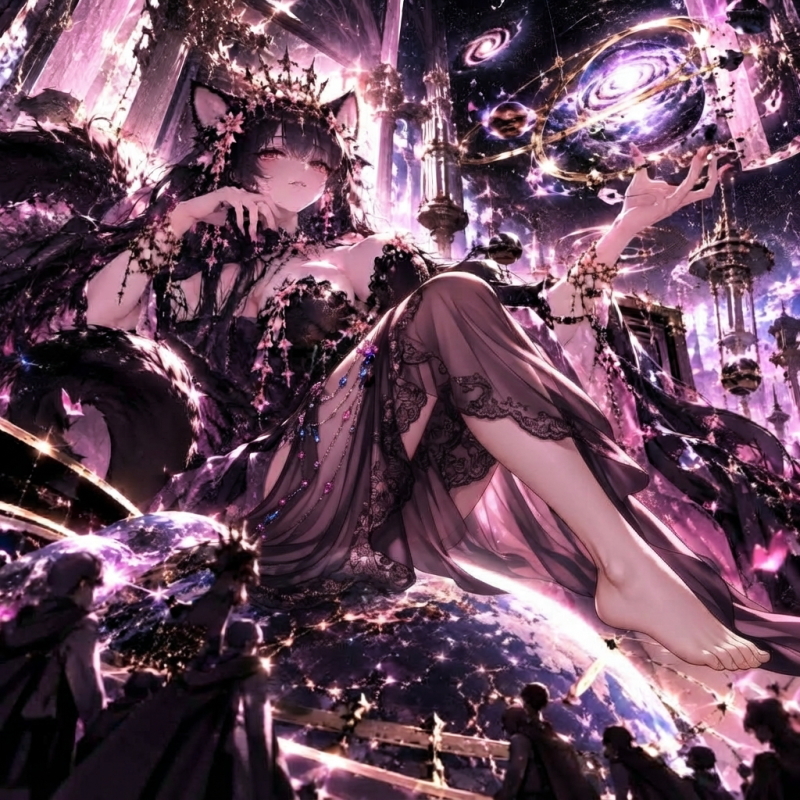 Vackeri as a goddess, seated among the stars above the Earth