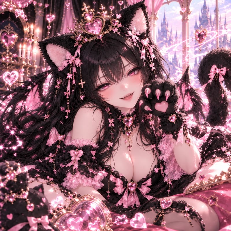 Vackeri with a mischievous fanged grin, showing her pink heart paw