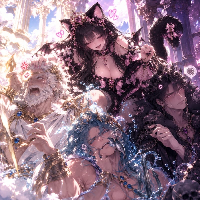 Vackeri laughing while three gods scowl in annoyance
