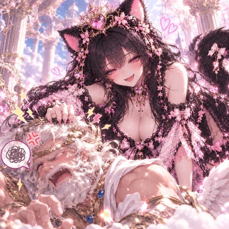 Vackeri grinning as she tugs at Zeus's hair
