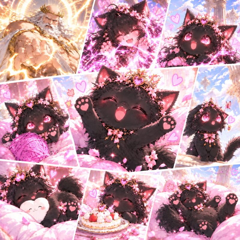 Zeus's lightning flashes, and Vackeri appears as a tiny black cat